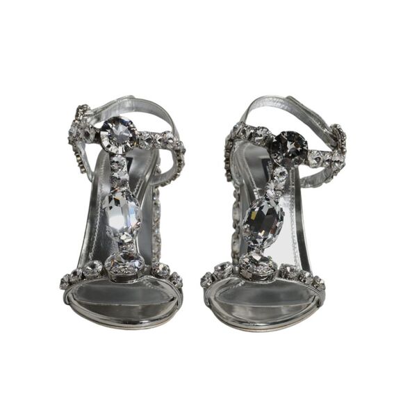 Dolce & Gabbana Silver Leather T-strap Crystal Sandals Women's Shoes (Pre-Owned) - Picture 2 of 6